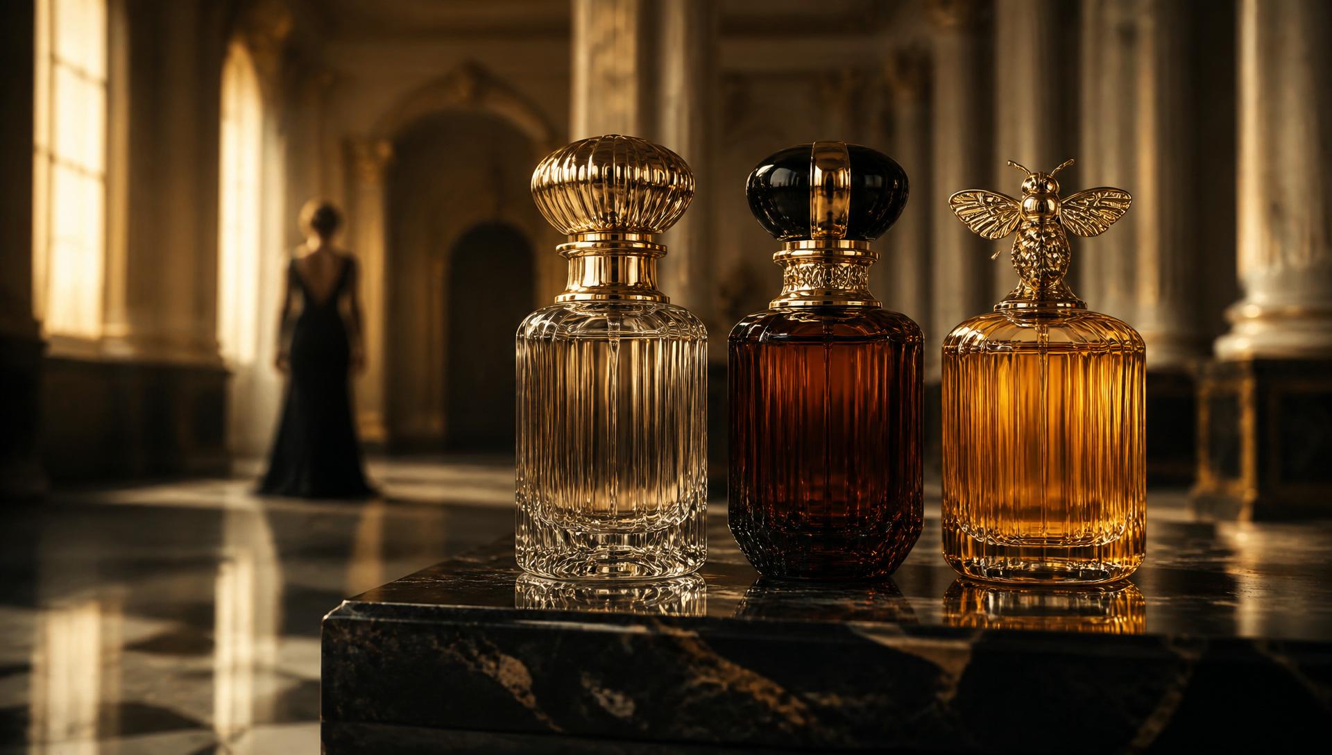 Three Aurum Propolis flacons on a mirrored black marble plinth in a grand marble hall