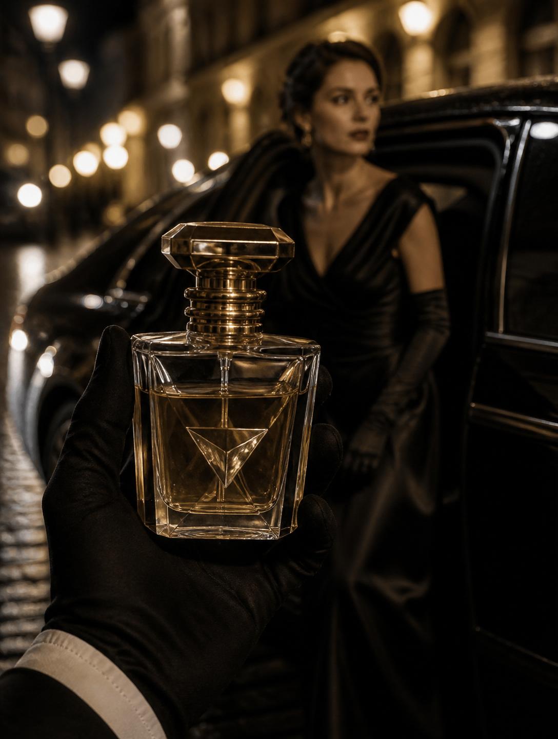 Aurum Propolis Femme — crystal flacon held by a gloved hand at a black limousine at night