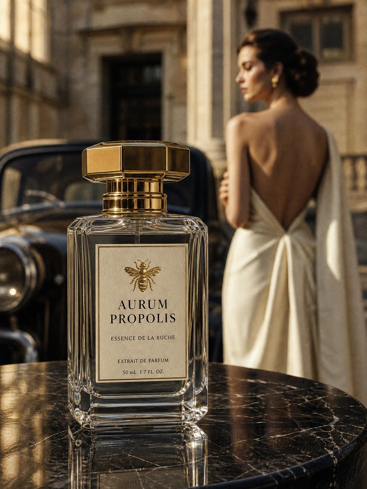 Aurum Propolis Aurora — octagonal crystal flacon held by a gloved hand at a black limousine at night