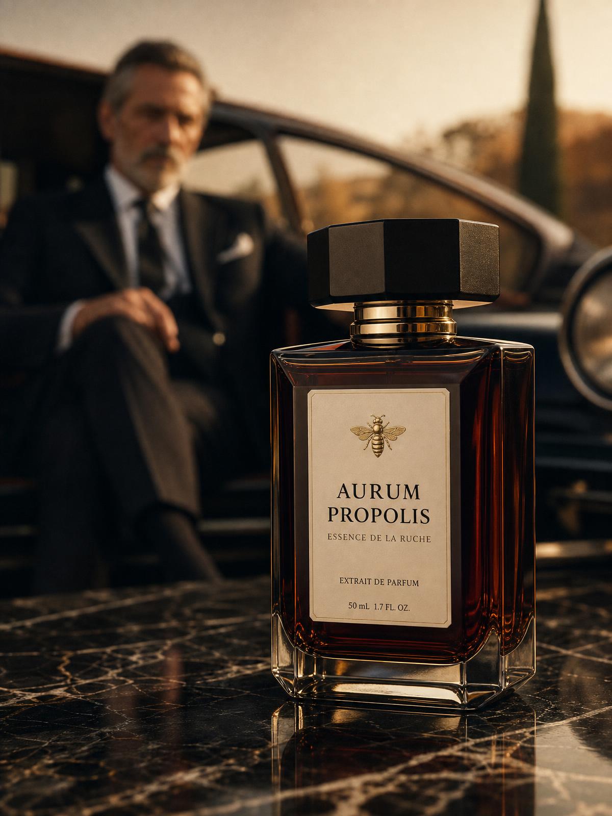 Aurum Propolis Virilis — octagonal crystal flacon presented beside a vintage black luxury car at dusk