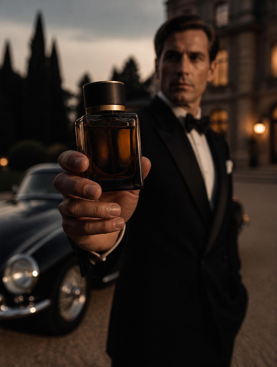 Aurum Propolis Homme — dark amber flacon presented beside a vintage black luxury car at dusk