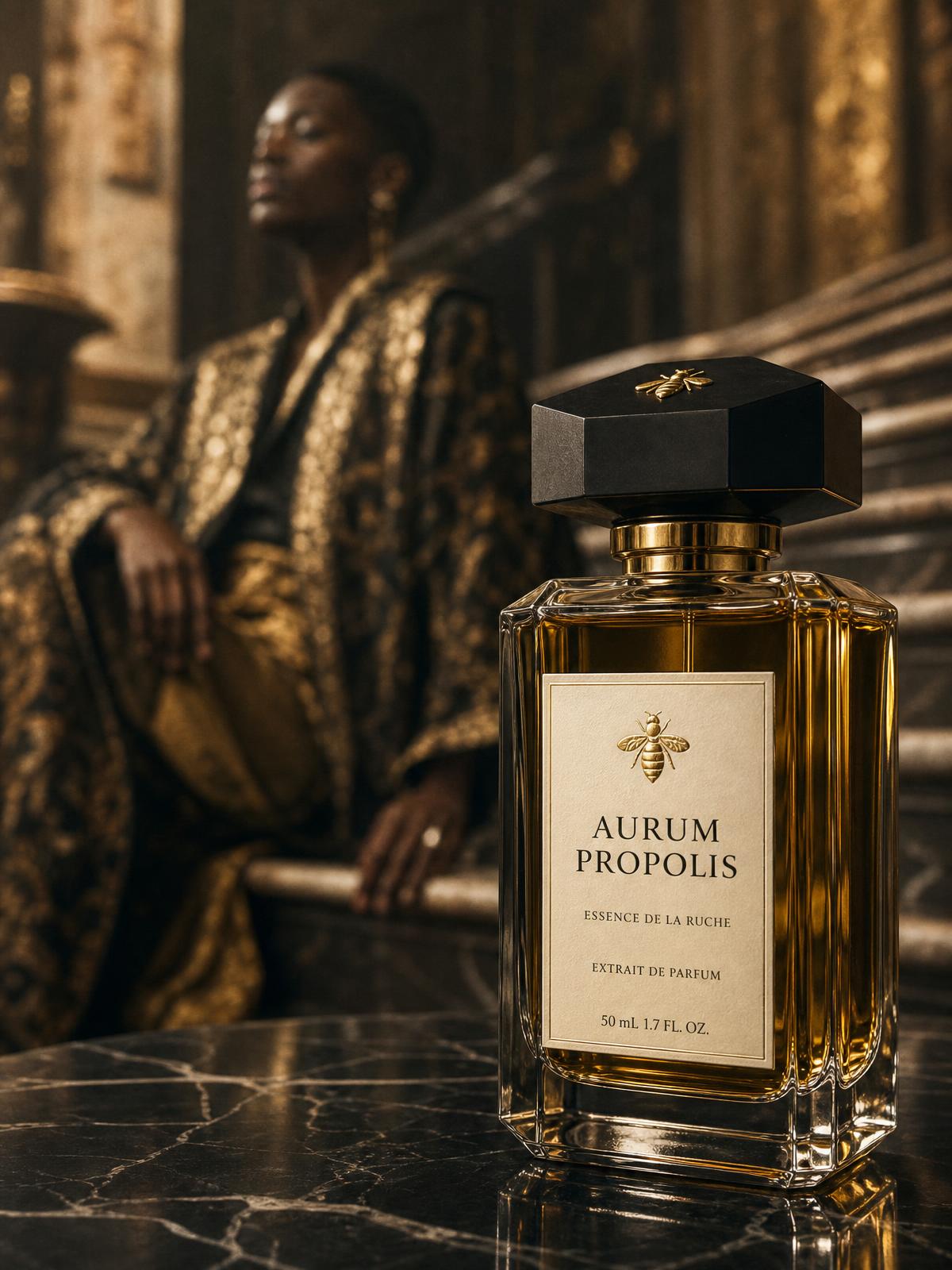 Aurum Propolis Elixir — gold-capped crystal flacon raised to golden-hour light on marble steps