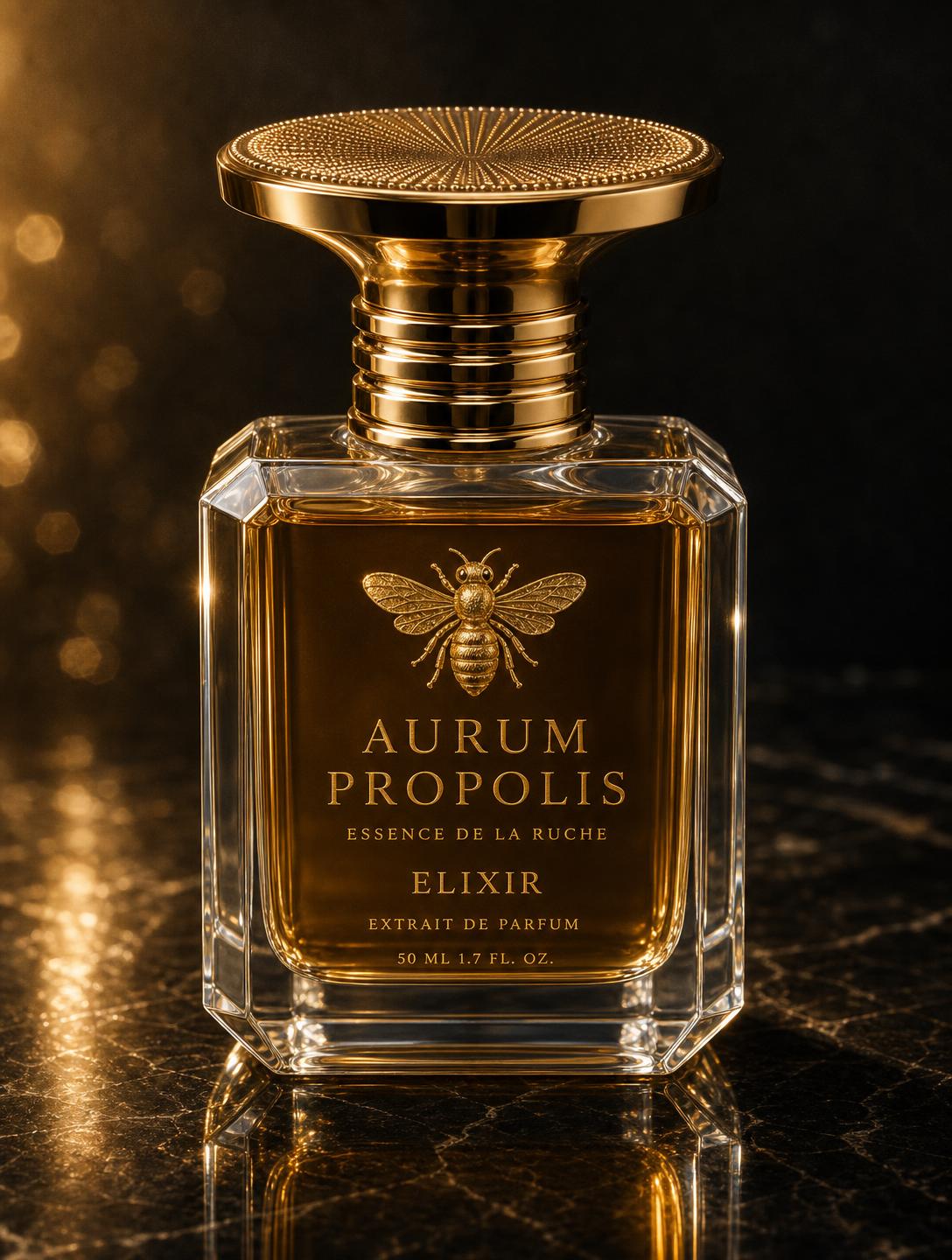 Elixir, Aurum Propolis — Essence de la Ruche — octagonal crystal flacon with gold guilloché cap