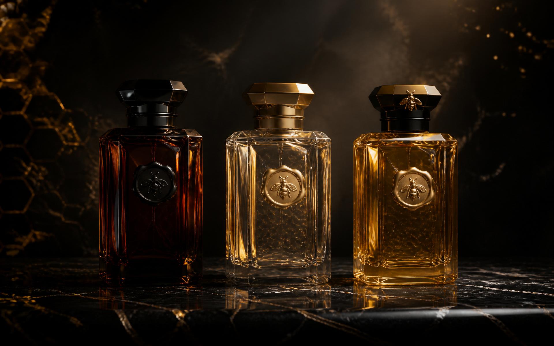 Three flacons of Aurum Propolis extrait de parfum on black marble